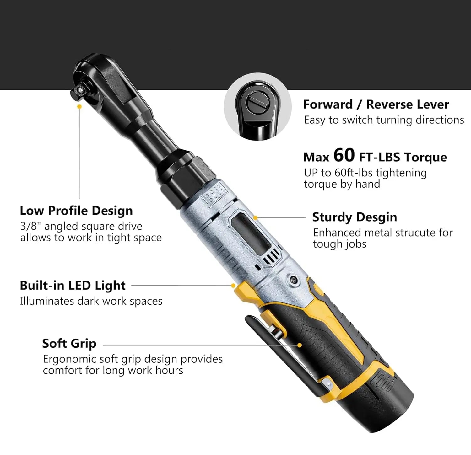 12V Cordless Electric Ratchet Wrench Kit 3/8 Inch Drive 60 Ft Lbs Two Batteries lidpal